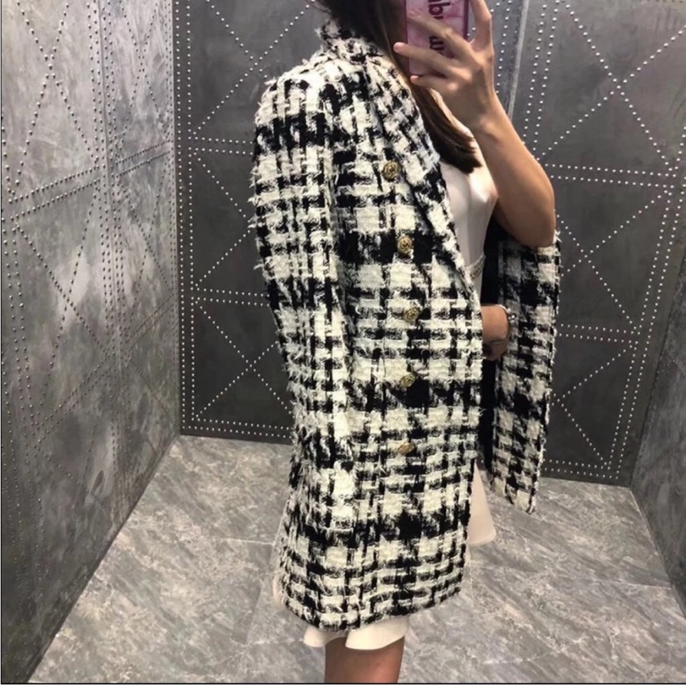 Double breast checked mohair and wool coat